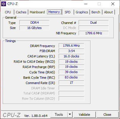 DDR4-3600（CL16）の設定値（CPU-Z）