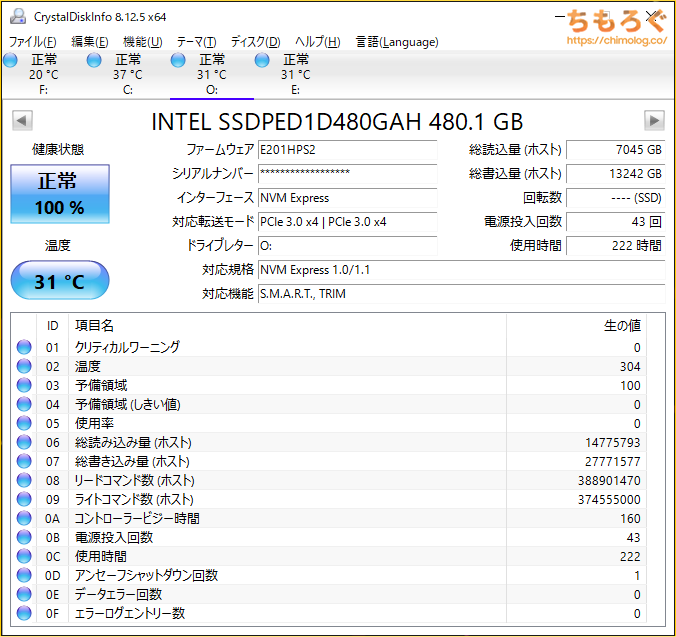 Intel Optane SSD 905Pをベンチマーク（Crystal Disk Info）