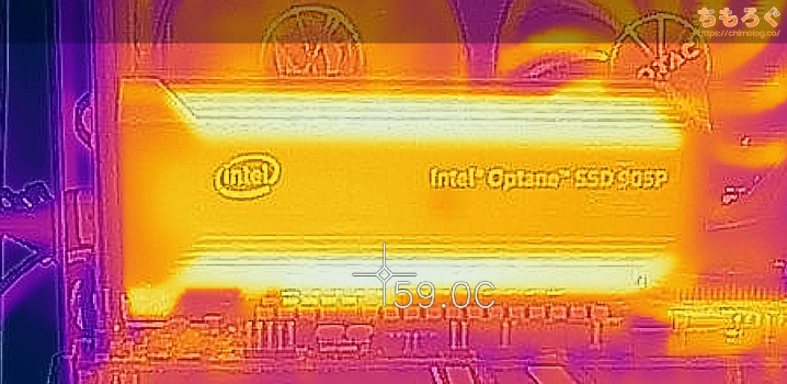 Intel Optane SSD 905Pの表面温度（サーモグラフィー）