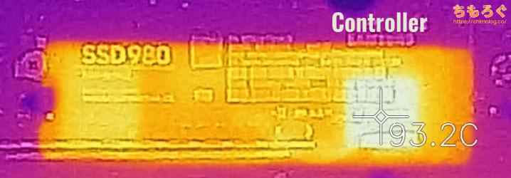 Samsung 980 SSDの表面温度（サーモグラフィー）
