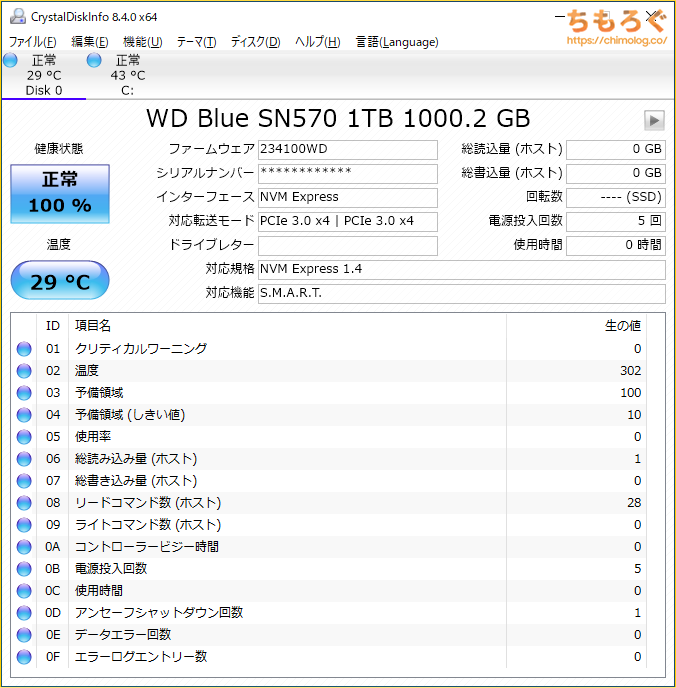 WD Blue SN570 NVMeをベンチマーク（Crystal Disk Info）