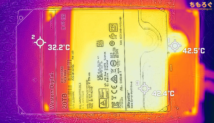 WD Ultrastar HC560 20TBの表面温度（FLIR ONE）