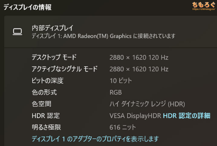 Vivobook Pro 15 OLED（M6500)のディスプレイ情報