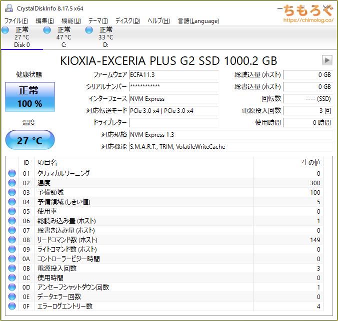 KIOXIA EXCERIA G2 NVMeをベンチマーク（Crystal Disk Info）
