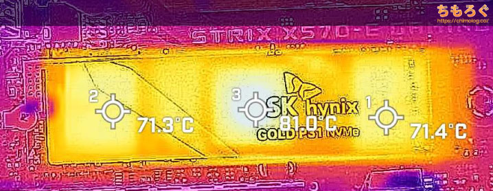 SK Hynix P31 Goldの表面温度（サーモグラフィー）