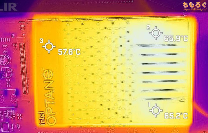 Optane SSD DC P5810Xの表面温度（サーモグラフィー）