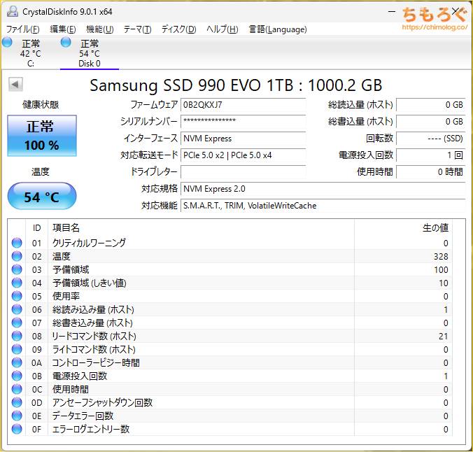 Samsung 990 EVOをベンチマーク（Crystal Disk Info）