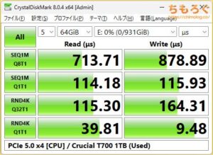 Crucial T700をベンチマーク（Crystal Disk Mark 8）