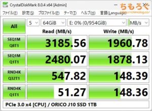 ORICO J10 SSDをベンチマーク（Crystal Disk Mark 8）