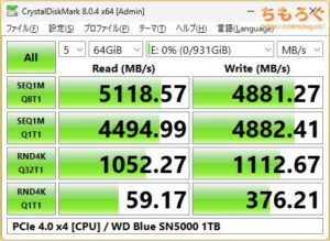 WD Blue SN5000をベンチマーク（Crystal Disk Mark 8）