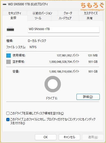 WD Blue SN5000をベンチマーク（フォーマット時の空き容量）