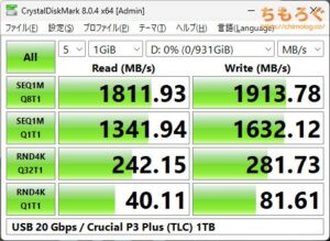 Crucial P3 Plus TLCをベンチマーク（Crystal Disk Mark 8）