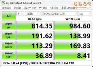 EXCERIA PLUS G4をベンチマーク（Crystal Disk Mark 8）