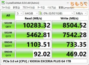 EXCERIA PLUS G4をベンチマーク（Crystal Disk Mark 8）