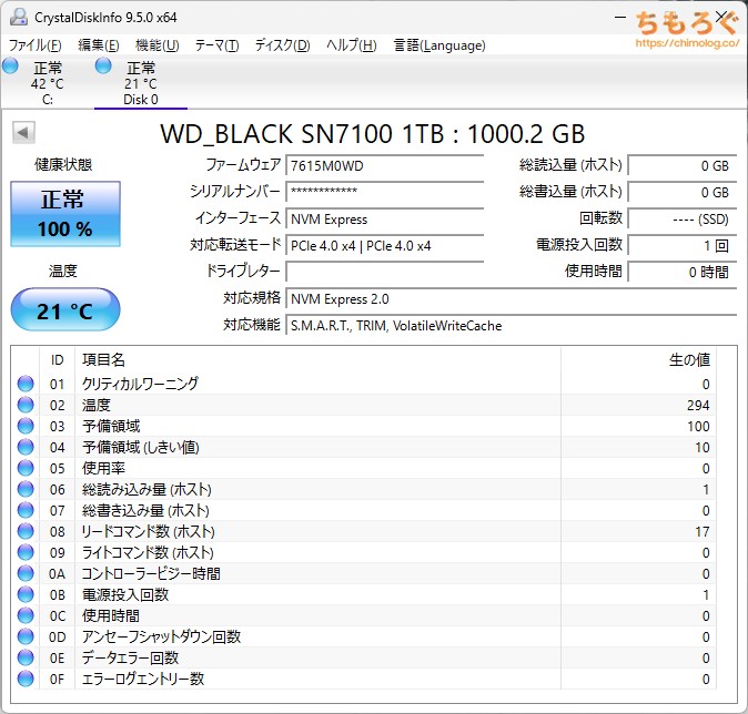 WD Black SN7100をベンチマーク（Crystal Disk Info）