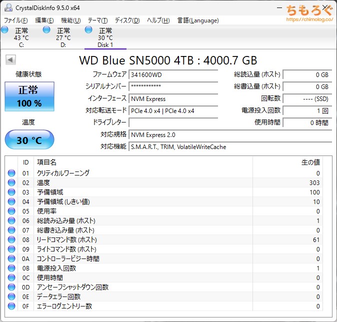 WD Blue SN5000 4TBをベンチマーク(Crystal Disk Info)