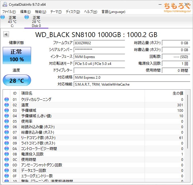 WD Black SN8100をベンチマーク(Crystal Disk Info)