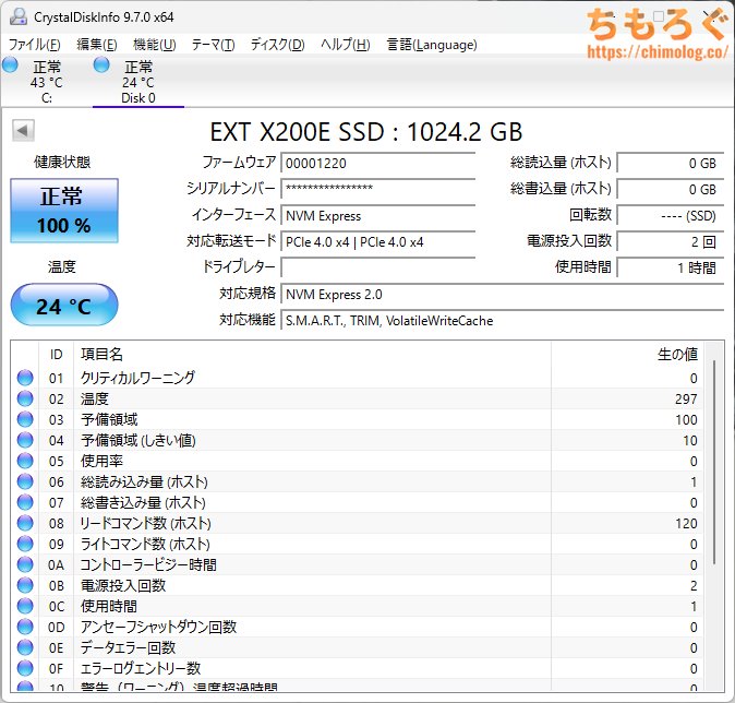 Huawei eKitStor Xtreme 200Eをベンチマーク(Crystal Disk Info)
