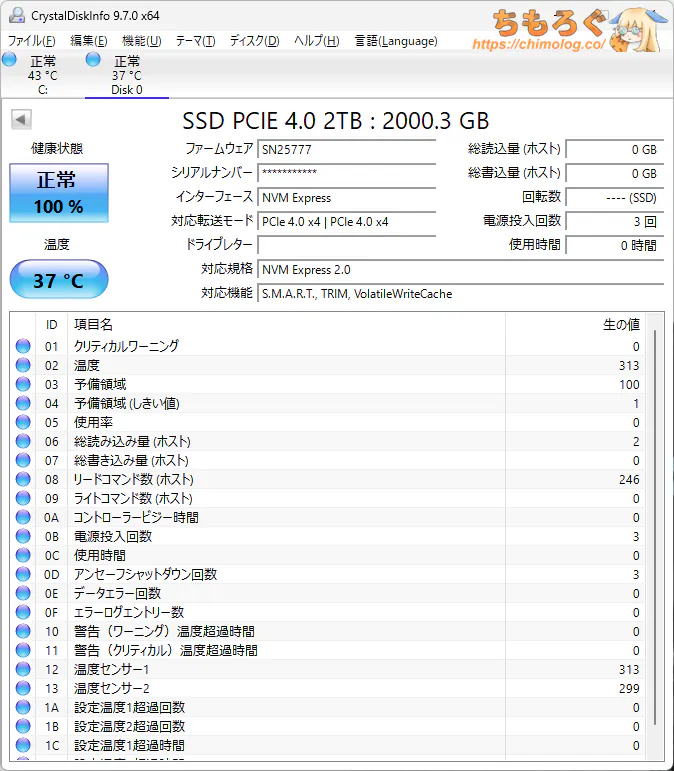 GEO SSD S880をベンチマーク(Crystal Disk Info)